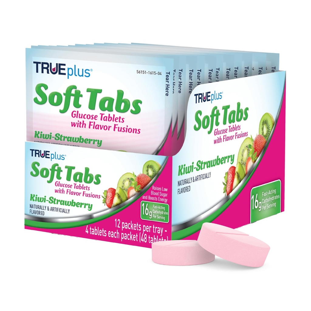 TRUEplus Soft Tabs Glucose Tablets, Chewable, Kiwi Strawberry Flavor, 16g Fast-Acting Carbohydrates, Fat Free, Gluten Free, Boost Energy, 4 Count, 12 Packs