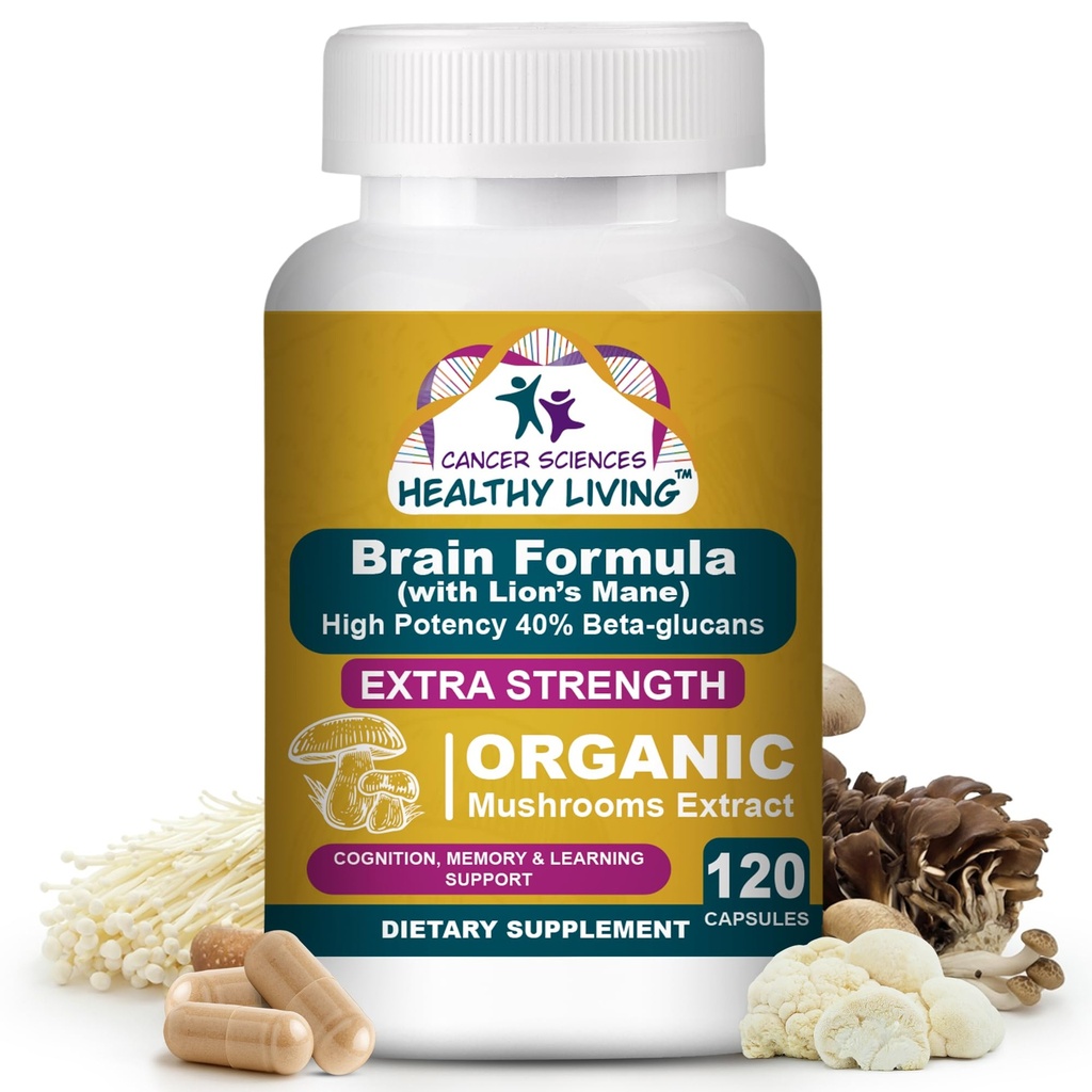 Brain Supplements for Memory and Focus - 1,500mg Brain Health Mushroom Supplement for Adults & Seniors - High Potency 40% Beta-Glucans for Immune Support & Vitamins, 120 Capsules