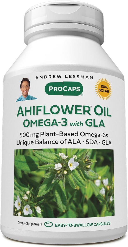 ANDREW LESSMAN Ahiflower Omega-3 with GLA - 120 Softgels - Uniquely Balanced, Plant-Based Source of Essential Omega-3 Fatty acids. No Stomach Upset, Contaminants or Mercury. Easy to Swallow