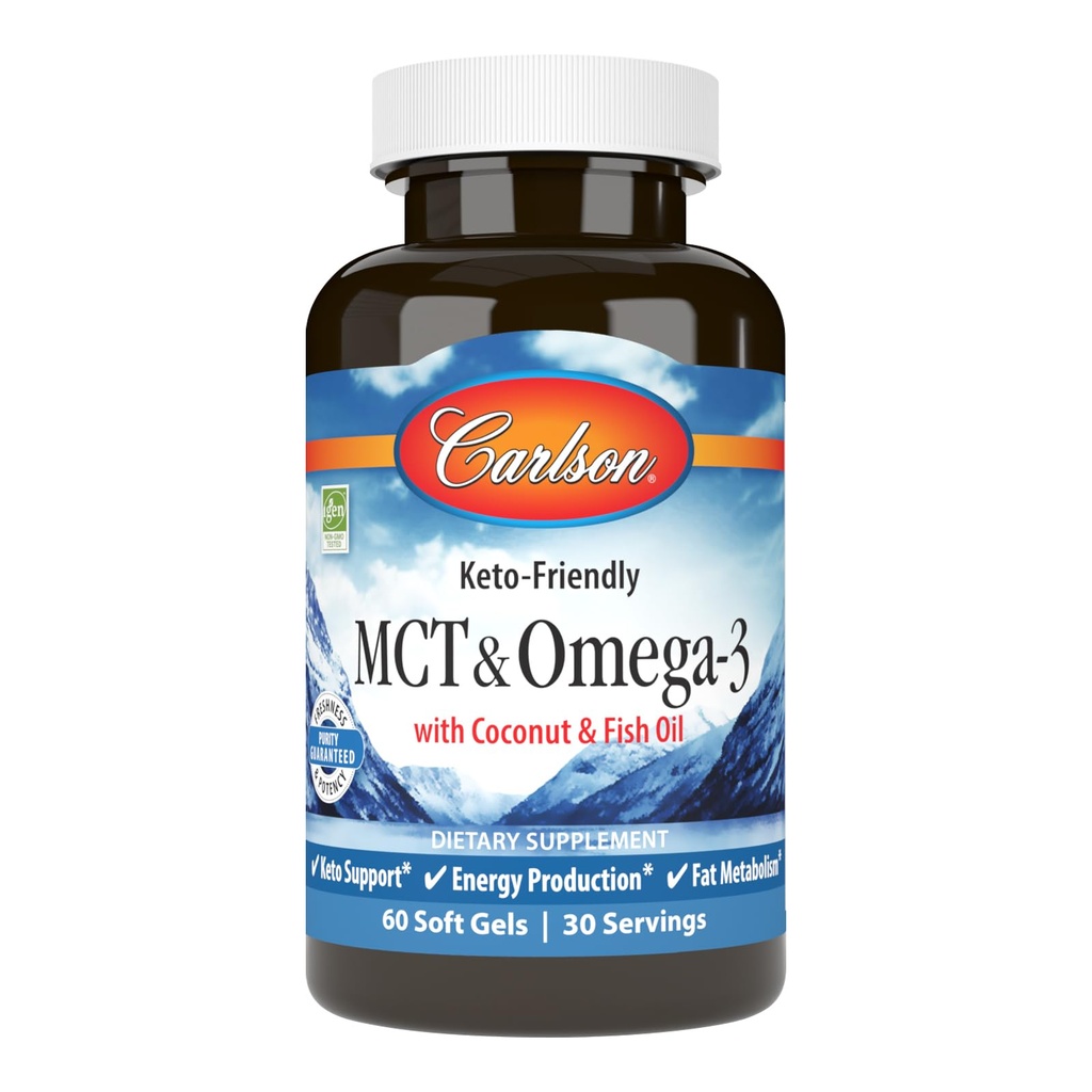 Carlson - MCT & Omega-3, Coconut Oil, Caprylic & Capric Acids, EPA & DHA, Energy Production, Fat Metabolism & Brain Health, 60 Softgels