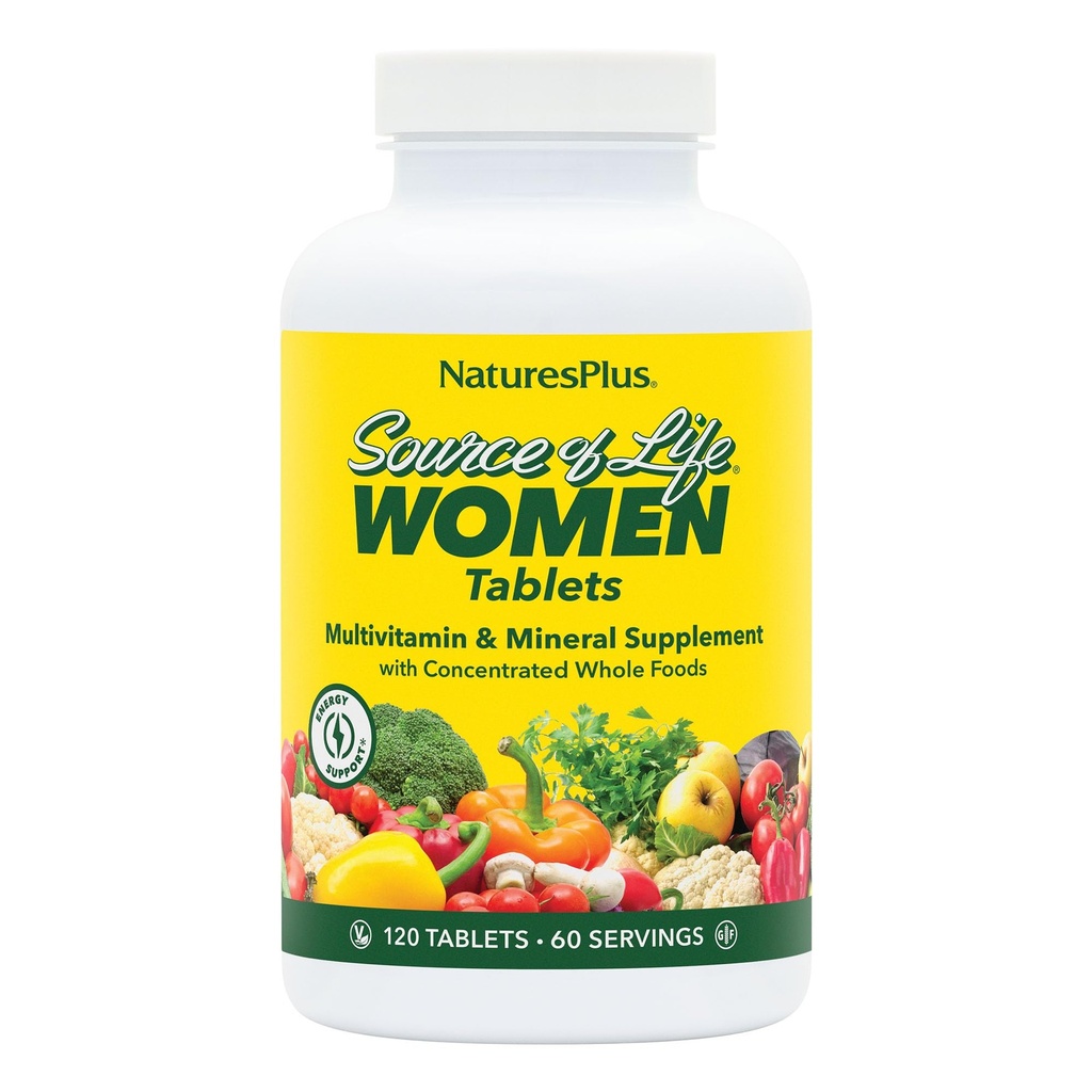 NaturesPlus Source of Life Women - 120 Tablets - Multivitamin & Mineral Supplement - with Iron, Calcium, Folate & Lutein - Gluten Free, Vegetarian - 60 Servings