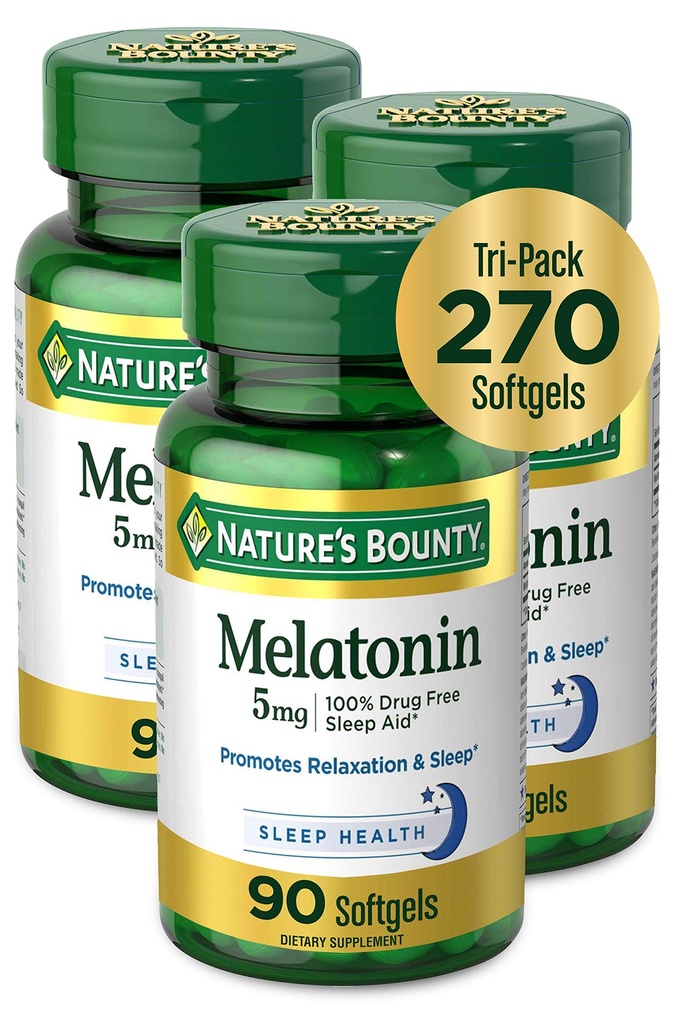 Nature's Bounty Melatonin 100% Drug Free Sleep Aid, Dietary Supplement, Promotes Relaxation and Sleep Health, 5 mg, 90 Count, Pack of 3