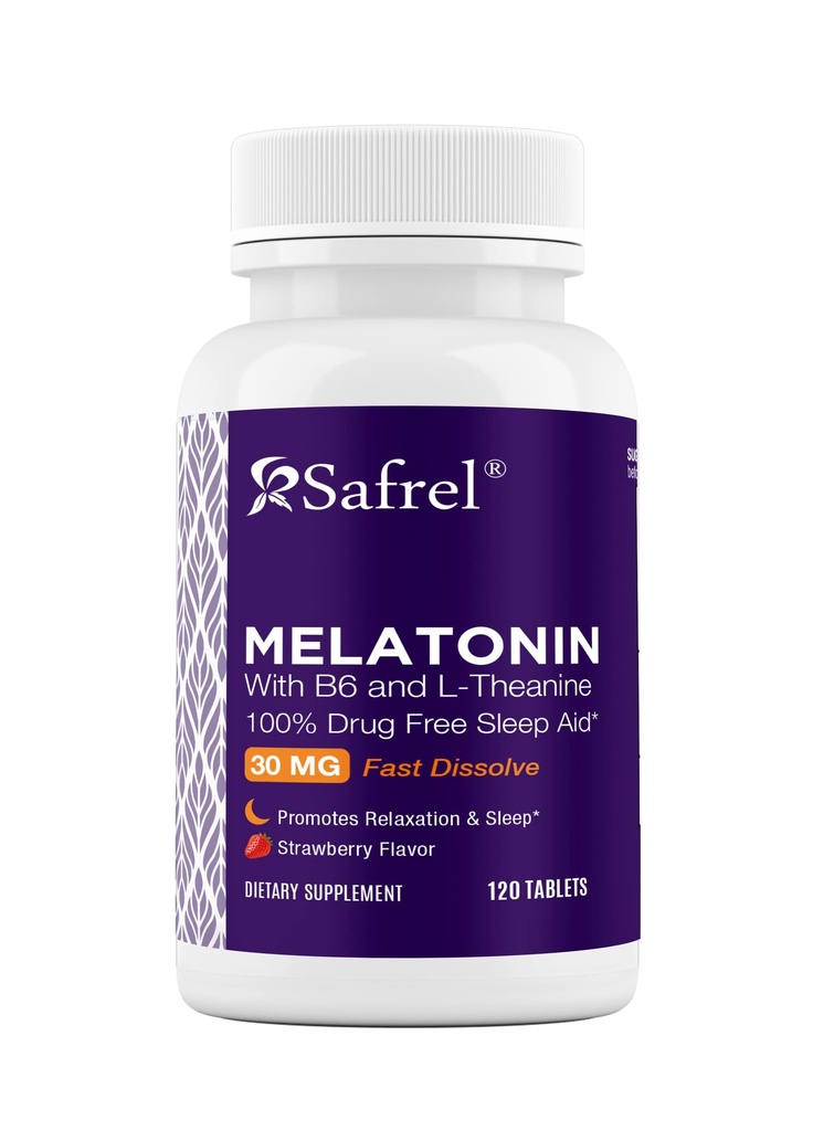 Safrel Melatonin 30mg - with B6 & L-Theanine - 120 Fast Dissolve Tablets with Natural Berry Flavor (2 Tablets Dose = Melatonin 60mg) (120 Count (Pack of 1))