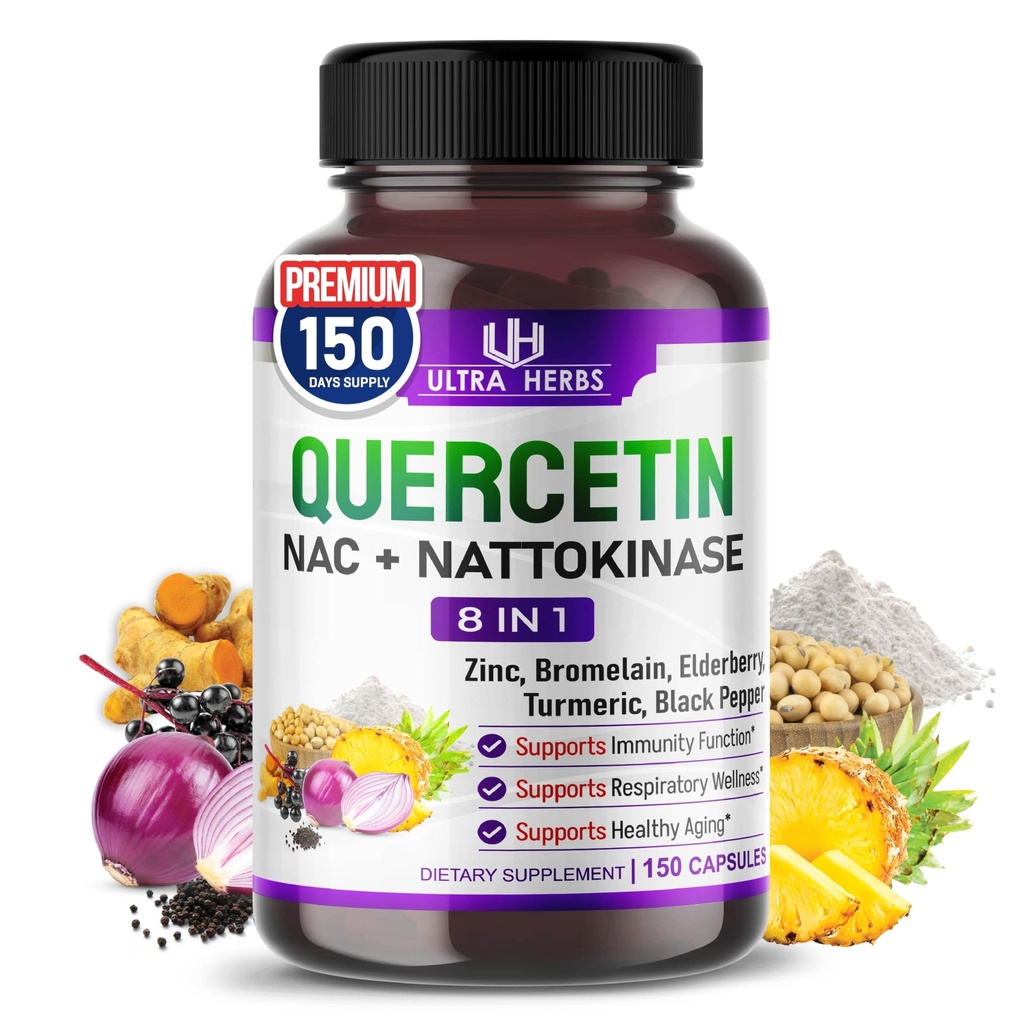 Ultra Herbs Quercetin Supplement with Bromelain, NAC & Nattokinase, 8-in-1 Formula with Zinc, Elderberry & Turmeric, Immune & Respiratory Wellness Support*, 150 Capsules, Non-GMO