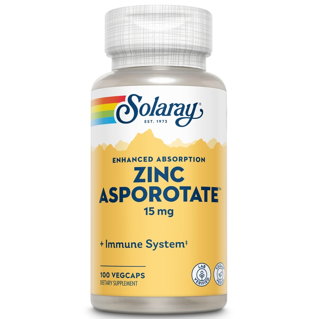 Solaray Zinc Asporotate 15mg Chelated Complex | Immune & Endocrine Support, Cell & Skin Health Formula, 100 VegCaps