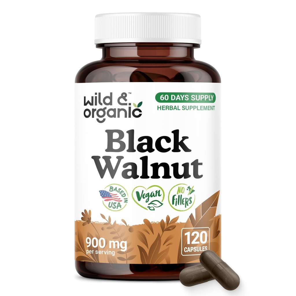 Wild & Organic Black Walnut Hull Capsules 900 mg - Detox & Cleanse Support - Black Walnut Supplement - Juglans Nigra Herb Powder - 60 Days of Supply - Vegan, No Fillers, Non-GMO - 120 Count