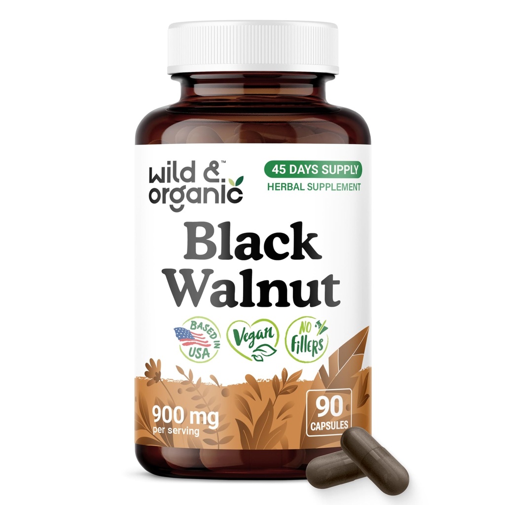 Wild & Organic Black Walnut Capsules 900 mg - Detox Support - 90 Count | Black Walnut Hull Powder Supplement - Juglans Nigra Herb - 45 Days of Supply - Vegan, Natural, Plant-Based