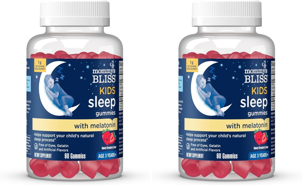 Mommy's Bliss Kids Sleep Melatonin Gummies, No Artificial Colors, Flavors or Gelatin, Strawberry Flavor Children's Melatonin Gummies, Age 3+, 60 Count (Pack of 2)
