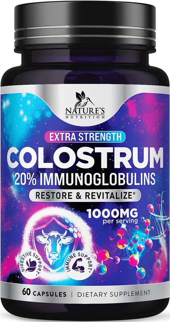Colostrum Supplement 1000mg Per Serving - Max Strength 20% Immunoglobulins for Gut & Immune Support - Natural Bovine Powder for Muscle, Skin & Hair Support - Unflavored & Bottled in USA - 60 Capsules