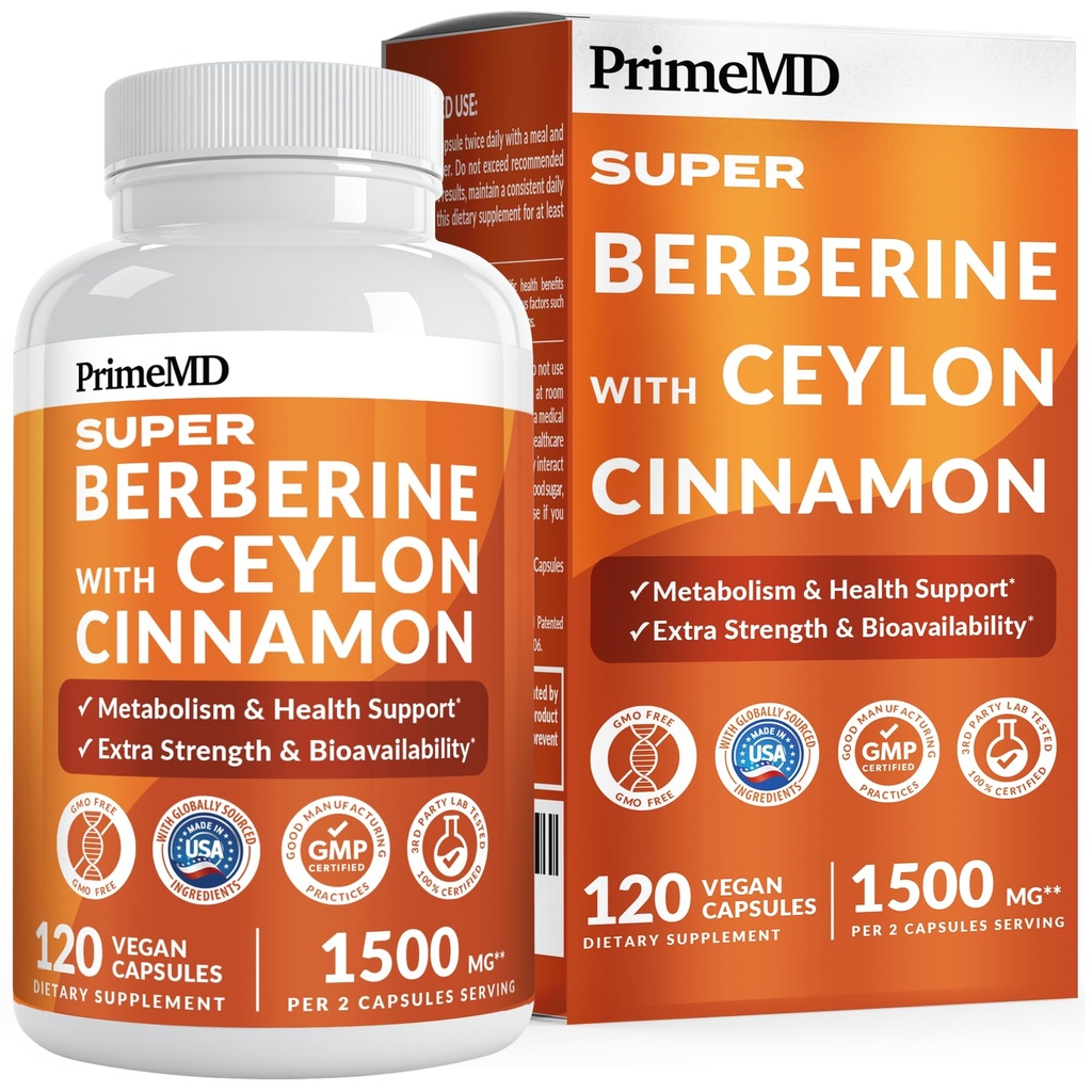 Super Berberine Supplement with Ceylon Cinnamon, BioPerine, Apple Cider, and Turmeric 1500mg - 8-in-1 Dihydroberberine Supplement for Overall Wellness and Balance Support, 120 ct