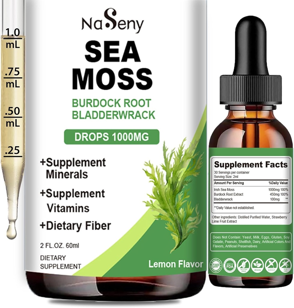 Sea Moss Liquid Drops - High Absorption Irish 1000 mg Sea Moss Tincture Supplement Rich in Vitamin & Mineral for Immune Digestion & Energy-Lemon Flavor