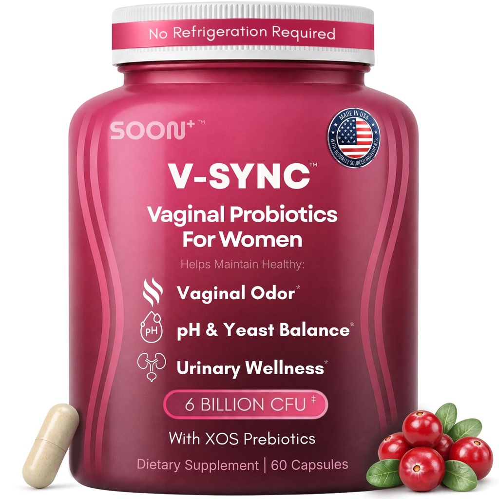 SOON+ Vaginal Probiotics for Women, V-Sync Vaginal Probiotic with Lactobacillus, Cranberry & Prebiotics, Support pH Balance for Women, Urinary Health Digestive Support, 6 Billion CFU, 60 Capsules