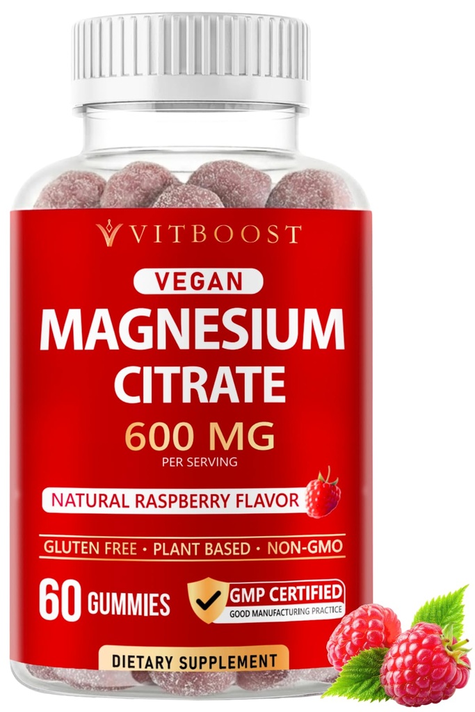 Vitboost Magnesium Citrate Gummies 600mg - 60 Count Vegan Magnesium Gummies for Relaxation & Muscle Support - Natural Raspberry Flavor - Non-GMO, Gluten Free, Plant Based