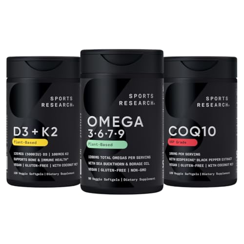 Sports Research® Vegan Supplements Pack - Vegan Omega 3-6-7-9 - 1200 mg of Multi-Spectrum Omega Fatty Acids + D3 + K2 + CoQ10 (100mg)