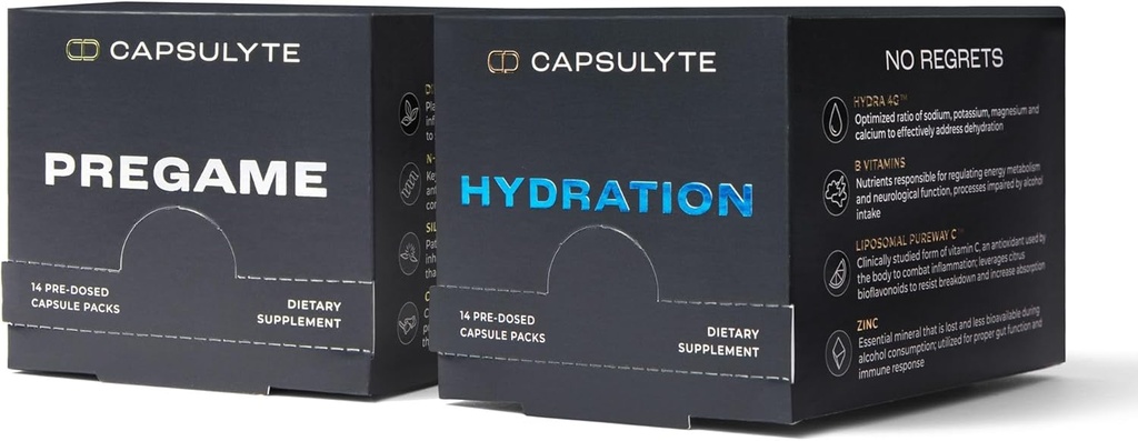Pregame & Hydration Bundle | Doctor Formulated Alcohol Aid and Recovery | Liver Health and Electrolytes, Vitamins, Minerals | Box of 14 Packets Each (56 Capsules per Box)