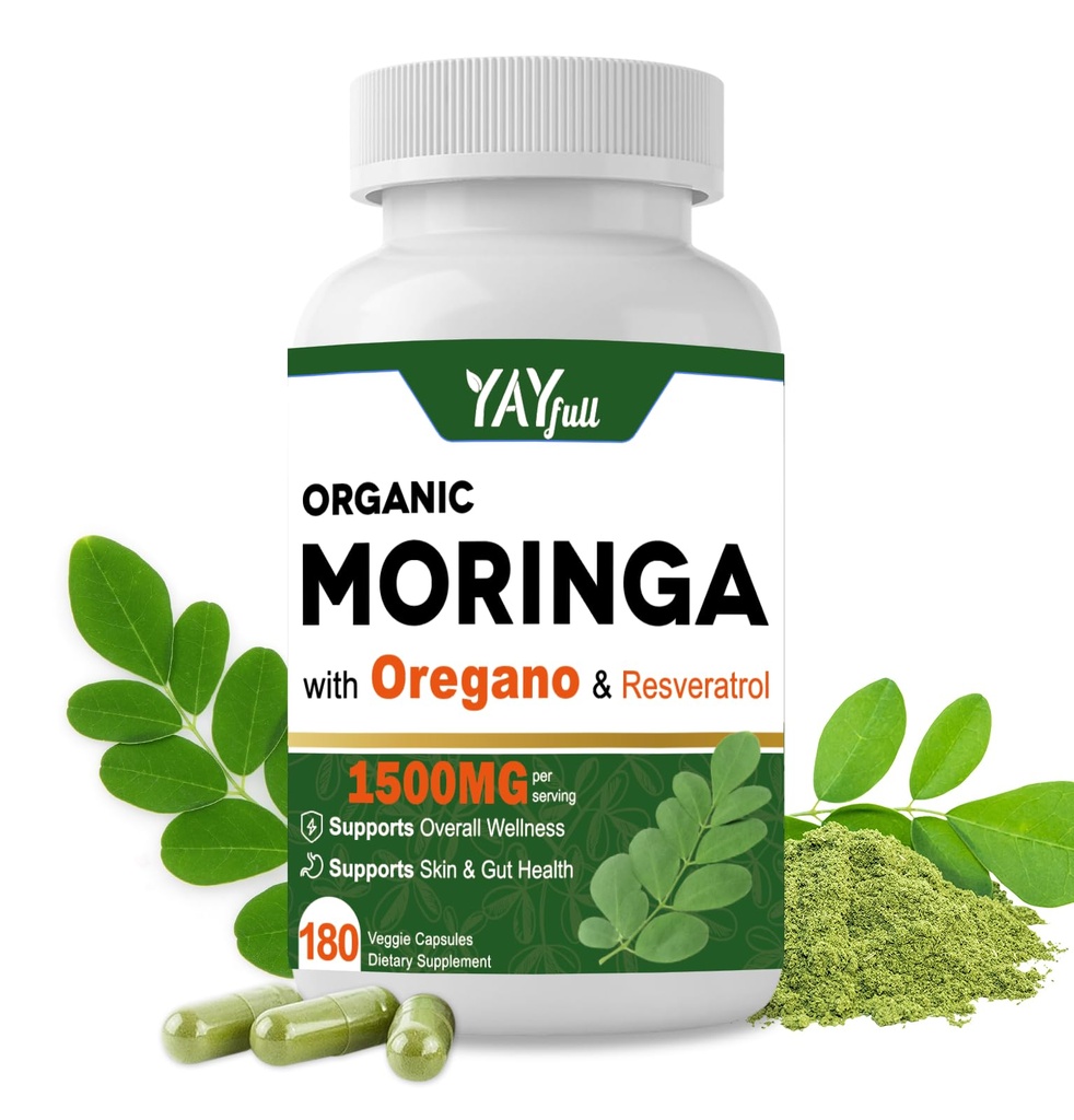 Moringa Capsules Organic 180 Count | Pure Moringa Oleifera Leaf Powder | with Resveratrol, Oregano | Lab-Tested for Purity | Energy, Immune Support & Skin Health | Non-GMO, Gluten Free
