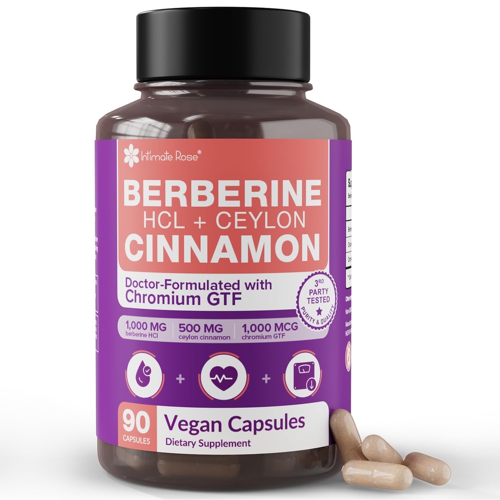 Intimate Rose Berberine Supplement 3-in-1 Complex - 1000mg Berberine HCL + 500mg Ceylon Cinnamon + Chromium - Metabolism, Immune & AMPK Support - Vegan, Non-GMO, 3rd Party Tested - 90 Capsules