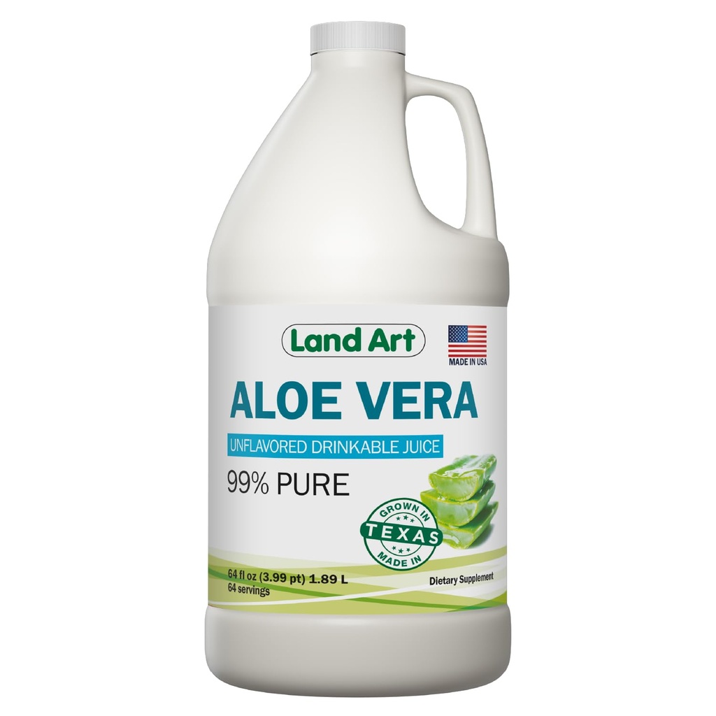 Land Art - Pure Aloe Vera Juice Unflavored – Cold-Processed - 99.7% Organic Aloe Vera Inner Fillet from Fresh Texas Leaves – Digestive Health, Detox and Natural Wellness – 64 fl oz