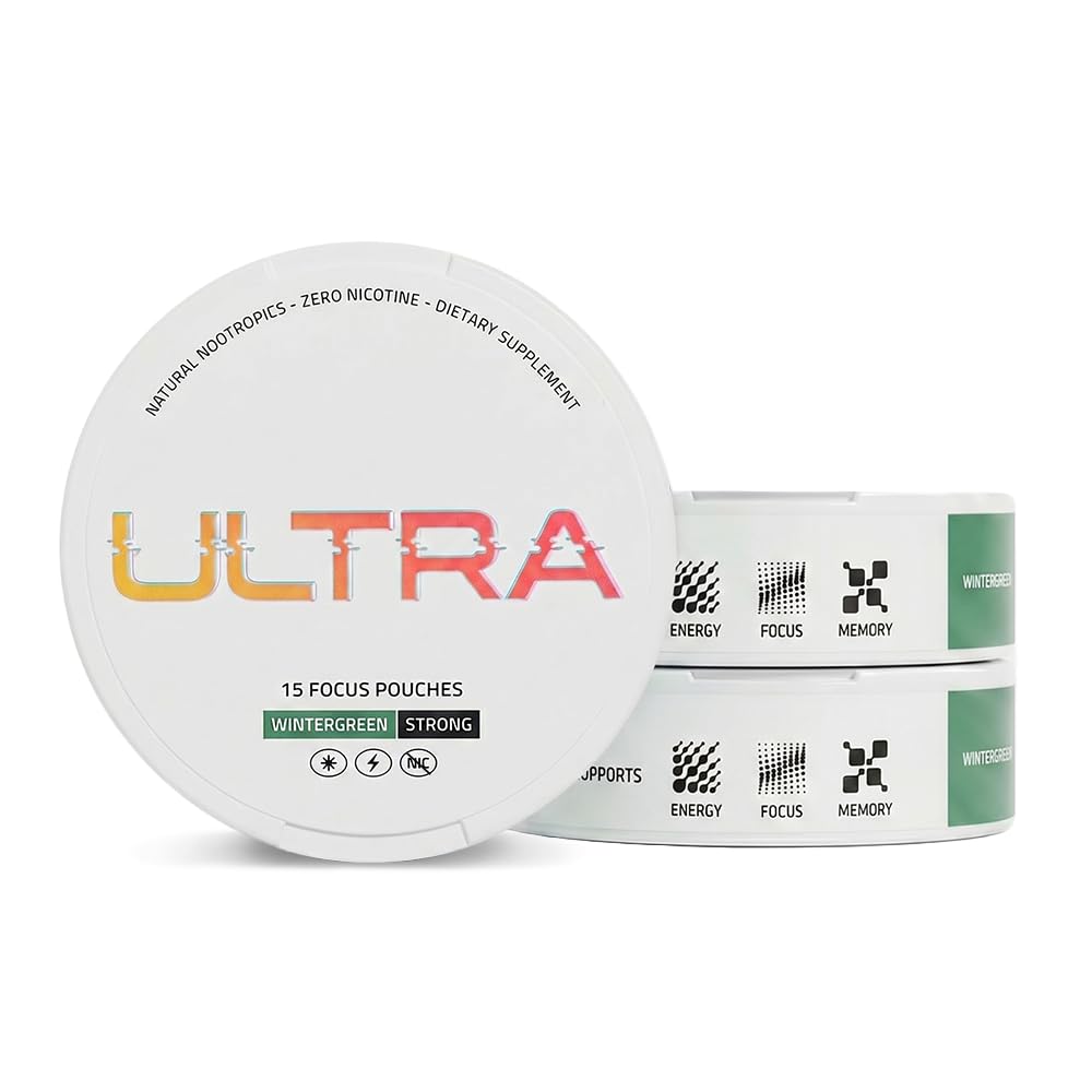 Ultra Focus Nootropic Pouches (Wintergreen, 3 Cans) Nicotine-Free, Caffeine-Free, Enfinity Paraxanthine, Vitamin B6 + B12, L-Theanine, Alpha-GPC, Ginseng, Plant-Based Energy Pouches