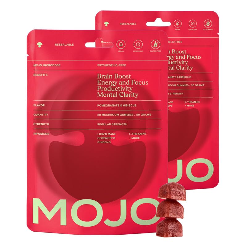 Mojo Focus Gummies w/Lion’s Mane, Panax Ginseng, Ginger Root, Cordyceps, Brain Supplement Memory/Focus Support Adults Nootropic Mushroom Gummies, Pomegranate Hibiscus, Regular Strength (2 Pack)
