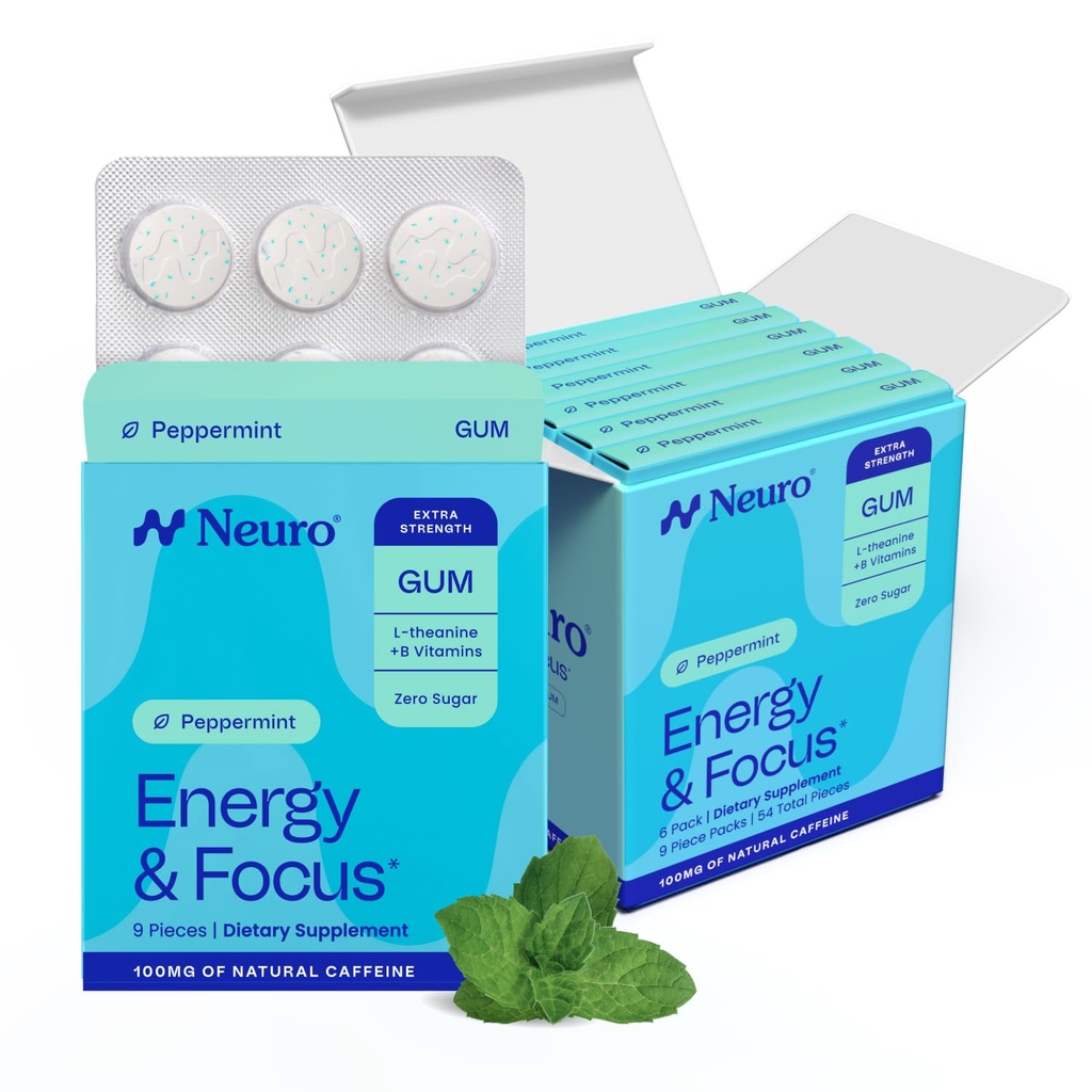 Neuro Energy & Focus Gum, Extra Strength - 100mg Natural Caffeine Gum & Nootropic Energy Supplement with L-Theanine & B Vitamins - Sugar Free, Vegan - Peppermint, 54ct