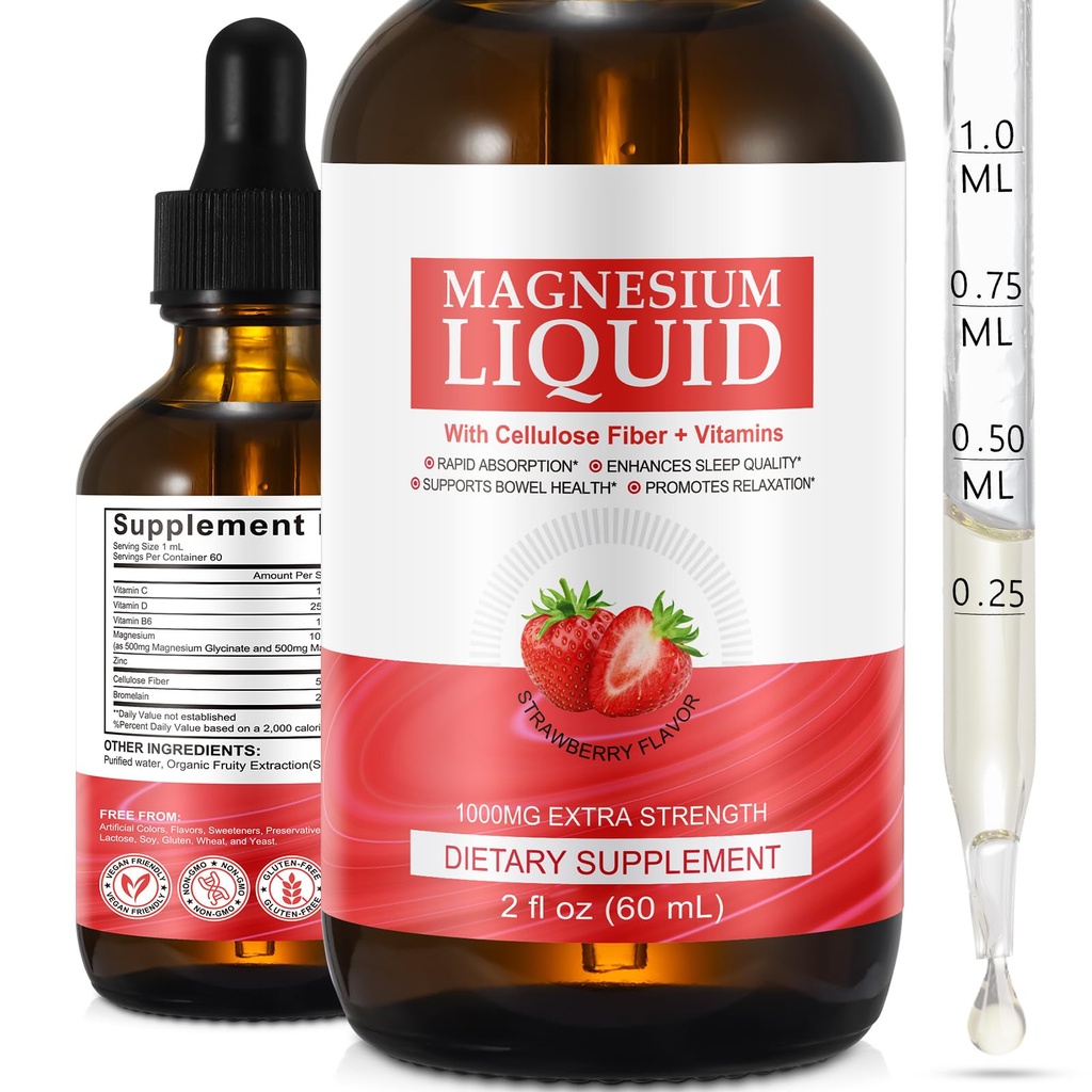 Magnesium Glycinate Liquid, High Absorption Magnesium Liquid, Magnesium Complex Drops with Vitamin B C D for Bone Health, Relaxation, Sleep, Heart Health, Muscles Support- Strawberry Flavor(2 Fl Oz)