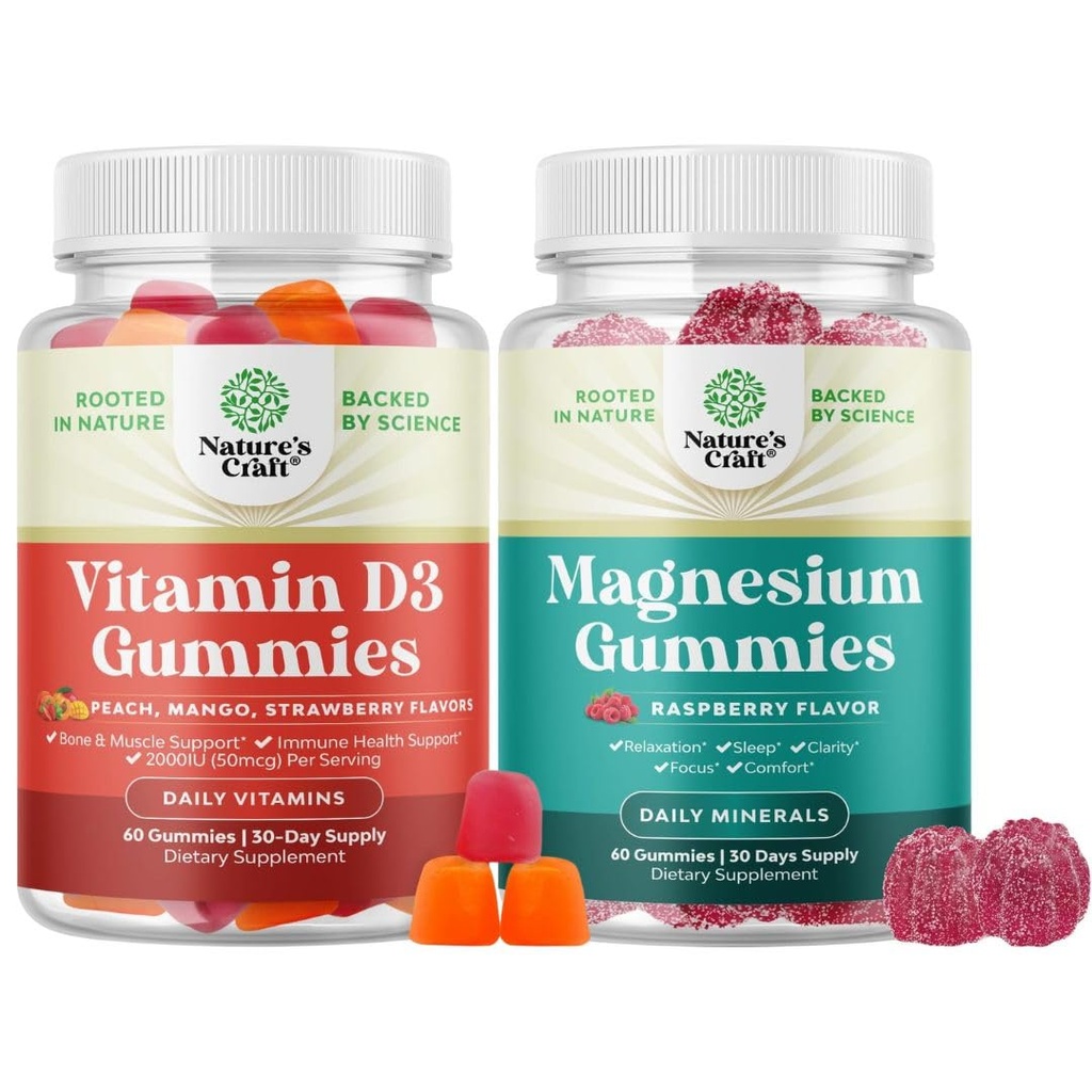 Bundle of Vitamin D3 Gummies with 2000IU per Serving Bone Muscle & Immune Support and Extra Strength Calm Magnesium Gummies - Relaxing Magnesium Citrate with Elemental Mag - Body & Mind Relaxation
