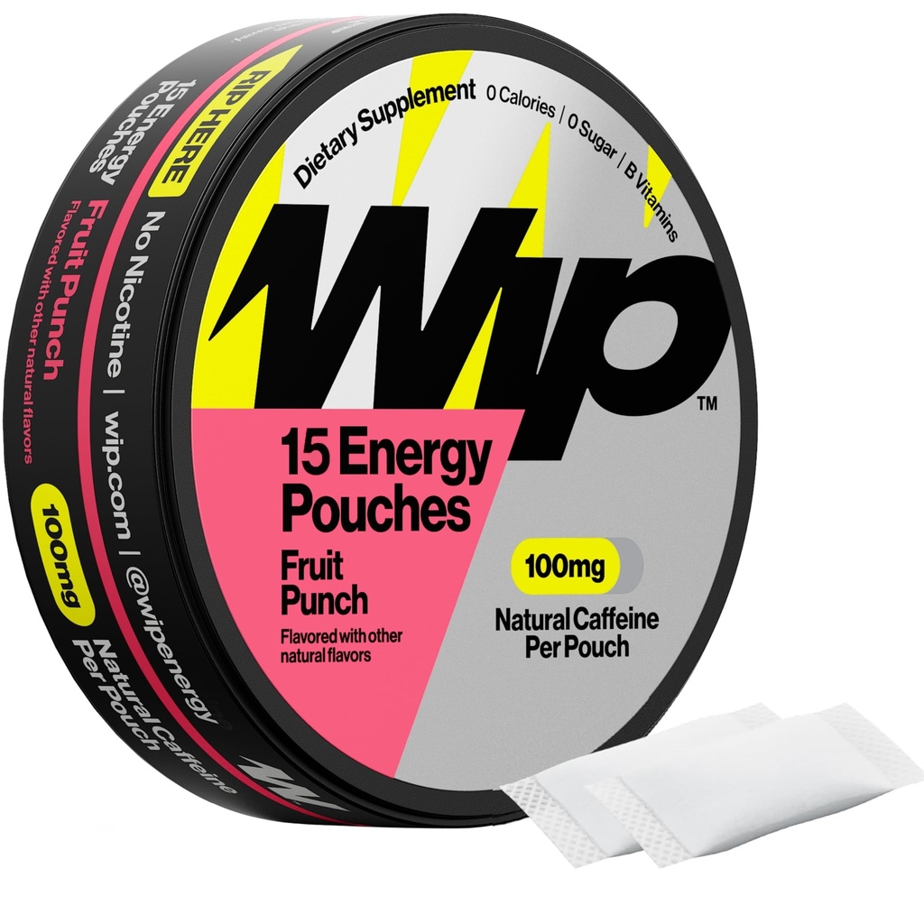 Wip Energy Pouches, Sugar Free Blend with 100 MG Natural Caffeine, B Vitamins, Minerals & L Theanine for Energy Support, Pre Workout for Active Lifestyles, Fruit Punch, 1 Can, 15 Pouches