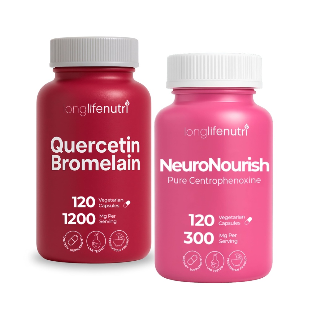 LongLifeNutri Quercetin 1000 mg with Bromelain 200mg & Centrophenoxine 300 mg Bundle – 120/120 Vegan Capsules, 2–4 Month Supply, Respiratory Bioflavonoid, Non-GMO, GMP Certified, Made in USA