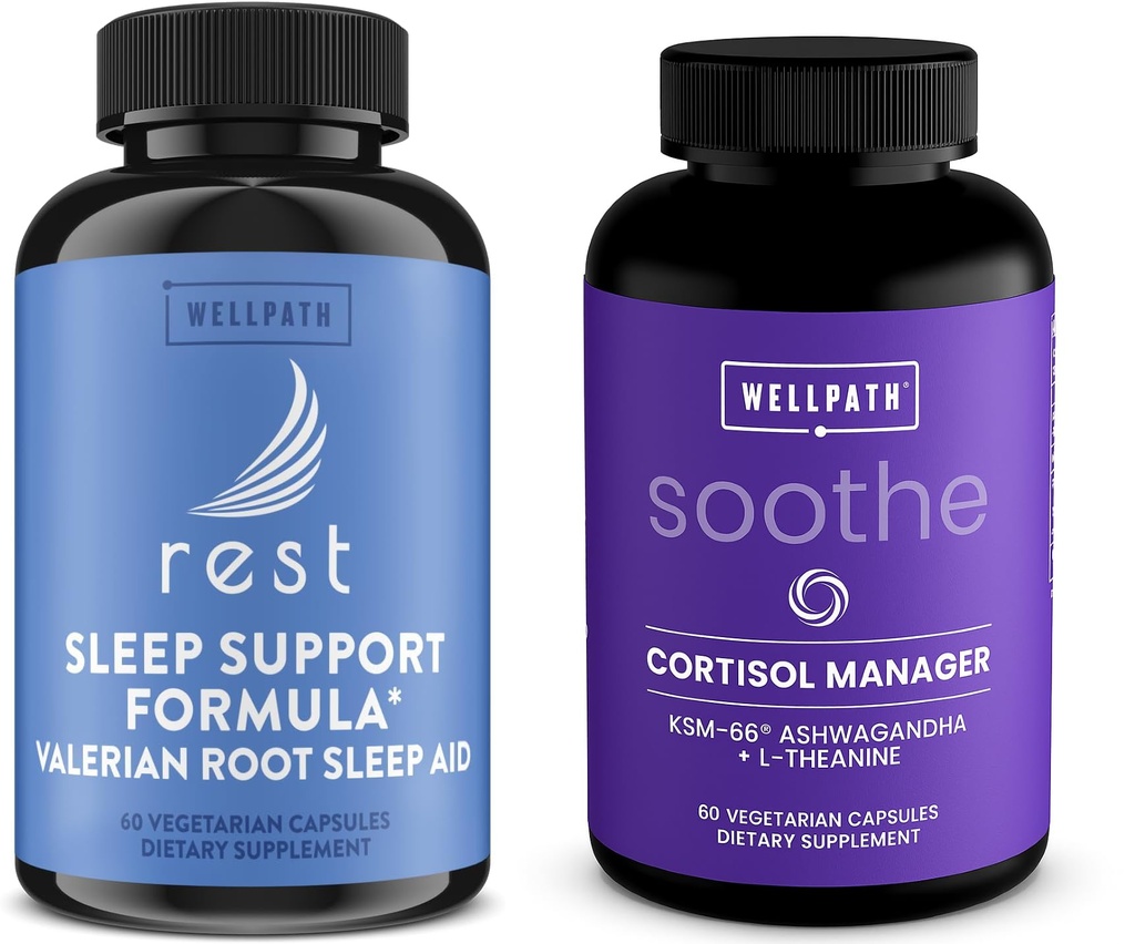 WellPath Rest Valerian Root Sleep Aid with Melatonin, Natural & Herbal Sleeping Pills and Cortisol Supplements for Women with KSM-66® Ashwagandha & L-Theanine - Stress