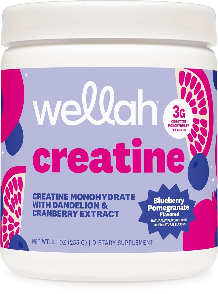 Wellah Creatine for Women - Creatine Monohydrate with Dandelion & Cranberry Extract (50 Servings, Blueberry Pomegranate)