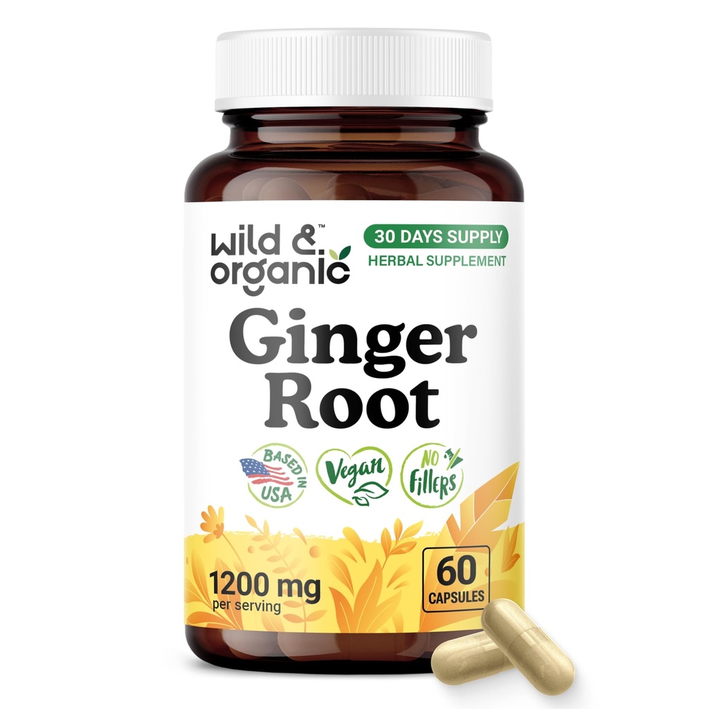 Wild & Organic Ginger Root Capsules 1200 mg - Immune & Digestive Support - Natural Ginger Supplements - Zingiber Officinale Powder - 30 Days of Supply - Vegan, No Fillers, Non-GMO - 60 Count