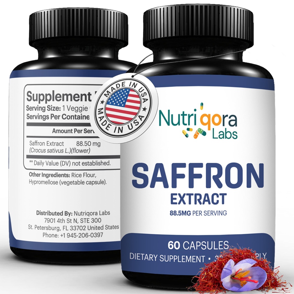 Saffron Supplements – 60 Vegan Capsules | 88.5 mg Saffron Extract per Serving | Non-GMO, Plant-Based Formula | Safron Supports Mood Balance, Emotional Well-Being & Eye Health