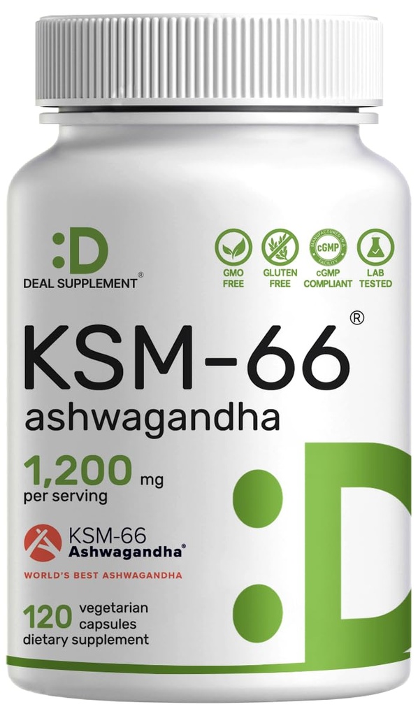 KSM 66 Ashwagandha 1,200mg with Black Pepper, 120 Veggie Capsules – Extra Strength Root Extract – High Absorption – Adaptogenic Supplements for Relaxation, Energy, & Brain Health – Non-GMO