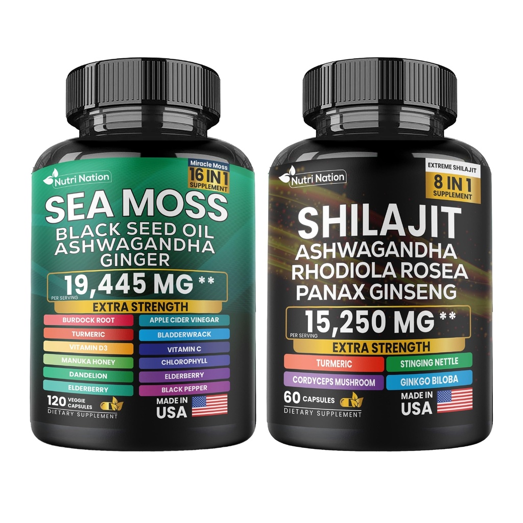 Dynamic Vitality Bundle - Sea Moss 7000mg, Black Seed Oil 4000mg, Ashwagandha, Ginger, Shilajit 9000mg, Rhodiola Rosea, Panax Ginseng - Herbal Supplement - Vegan Capsules