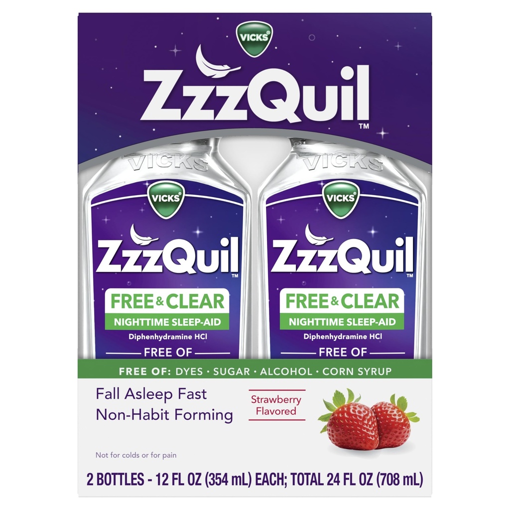 ZzzQuil Liquid Sleep Aid, Diphenhydramine 50mg HCI, Free & Clear, Free of Alcohol and Artificial Dyes, Nighttime Sleep Aid Liquid, Non-Habit Forming, Strawberry Flavored, 2 Pack, 24 FL OZ