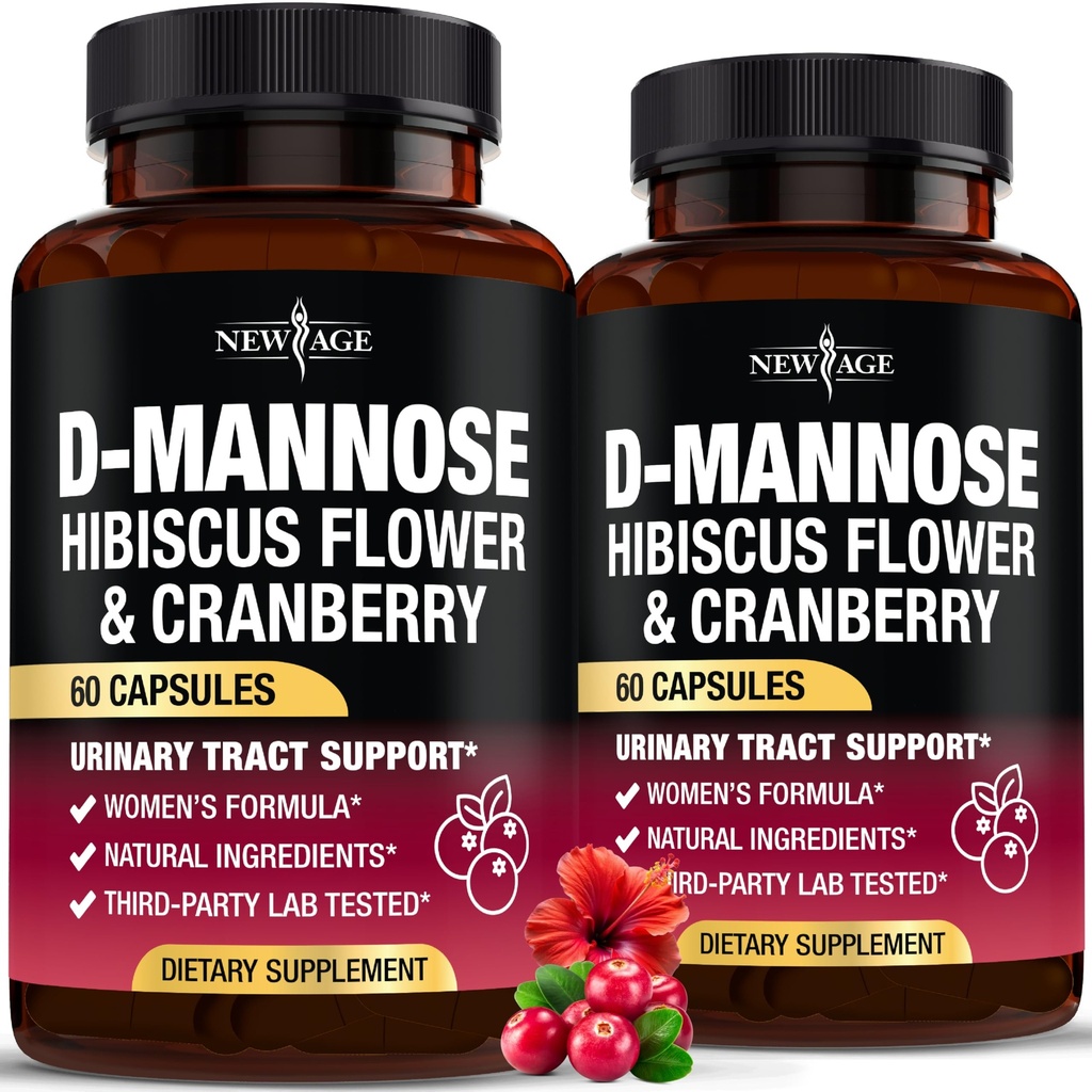 NEW AGE D-Mannose with Cranberry & Hibiscus - High Strength for Urinary Tract Health - Supplement for Women - Bladder, Liver & Microflora Support - Made in USA - Vegan, 120 Capsules