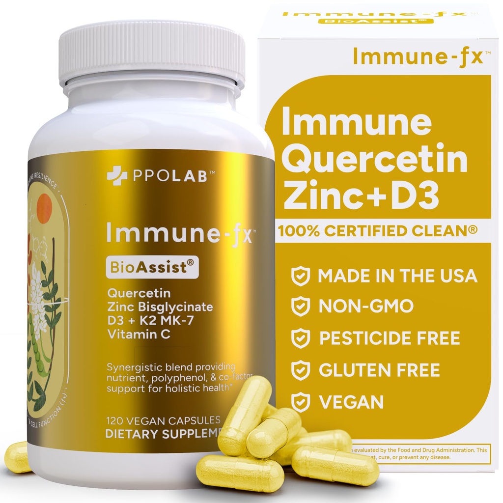 PPO Lab® Immune-fx™ Advanced Zinc Ionophore One-A-Day Immune Support Supplement with Zinc Bisglycinate, Quercetin, Vitamin C, D3, K2 for Respiratory, Heart, Histamine, Antioxidant Health, 120 Capsules