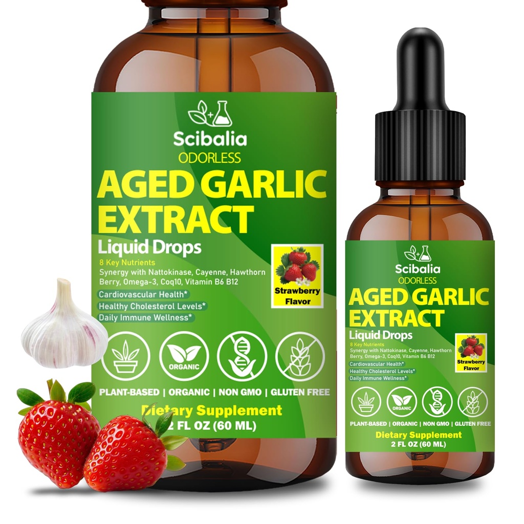 Aged Garlic Extract Liquid Drops, Odorless Garlic Supplement with CoQ10 Cayenne Hawthorn Berry Nattokinase Omega-3 Vitamin B6 & B12 for Heart Immune Health Support, Grown Allium Sativum Bulb