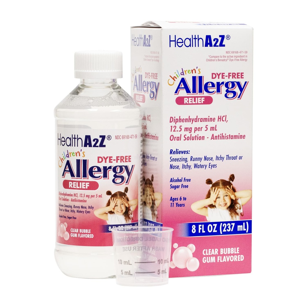 HealthA2Z® Children's Allergy Relief | DYE Free | Diphenhyrdramine 12.5 mg | 5ml Oral Solution | 8Fl Oz (237 mL) | Antihistamine | Clear Bubble Gum Flavored | Alcohol and Sugar Free