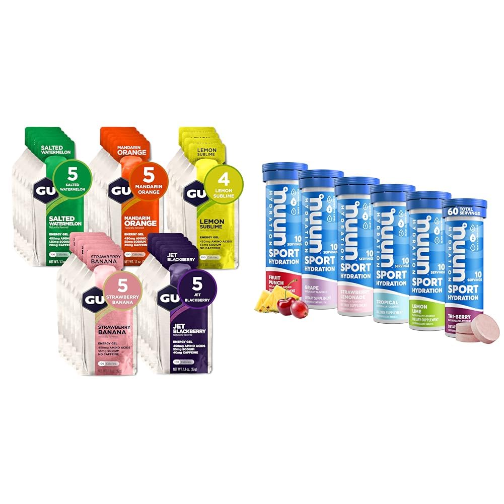 GU Energy Original Sports Nutrition Energy Gel, 24-Count, Assorted Fruity Flavors & Nuun Sport Electrolyte Tablets for Proactive Hydration, Variety Pack, 6 Pack (60 Servings)