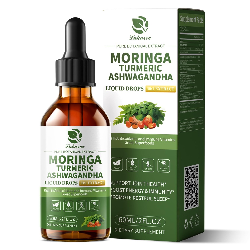 12-in-1 Organic Moringa Drops with Ashwagandha Turmeric Quercetin, Lipsomal 98% Absorption & Extract for Energy Immune Joint Digestive Metabolism, Vegan Non-GMO, More Potency Than Moringa Powder