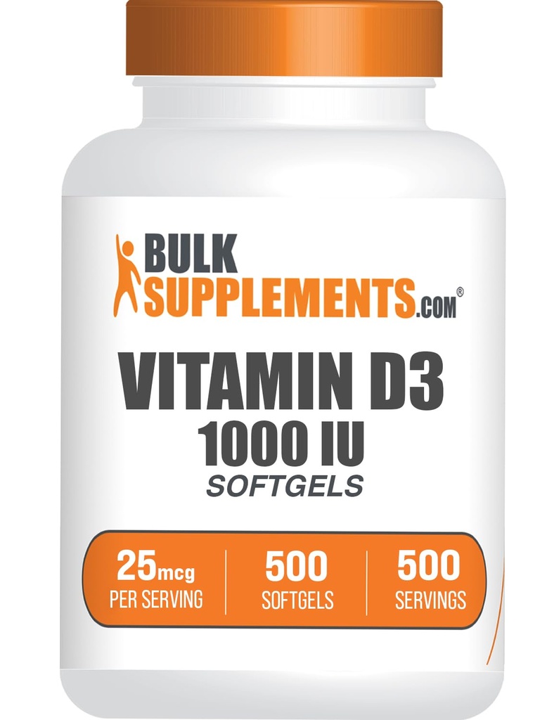 BulkSupplements.com Vitamin D3 1000IU Softgels - Cholecalciferol, D3 Supplement, Vitamin D 1000 IU - 1 Vitamin D3 Softgel (25mcg of Vitamin D) per Serving, 500 Count (Pack of 1)