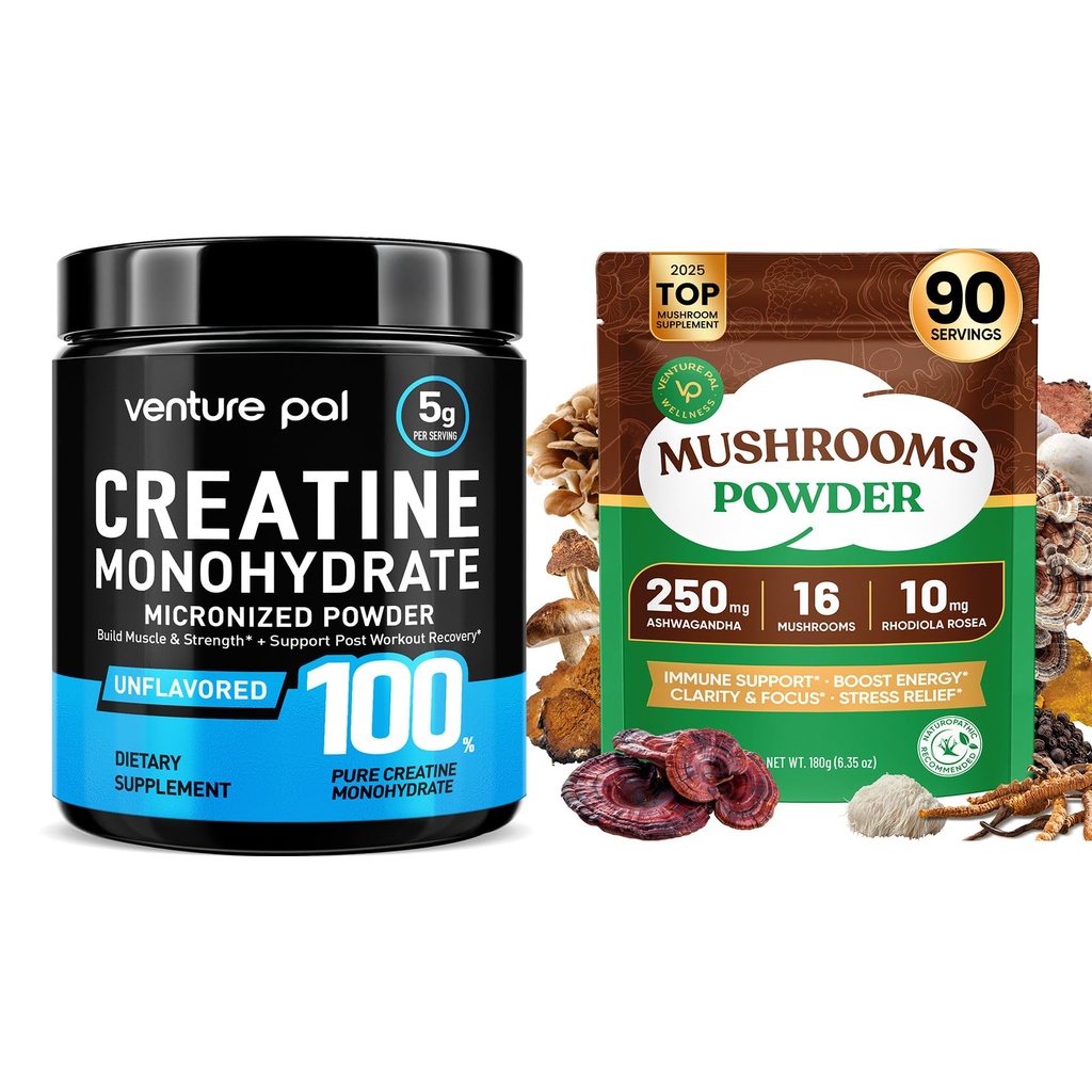 Venture Pal Creatine Monohydrate Powder + 16-in-1 Mushroom Powder with Adaptogens, Lion’s Mane, Rhodiola & Ashwagandha, 10:1 Fruiting Body Extract for Coffee & Tea