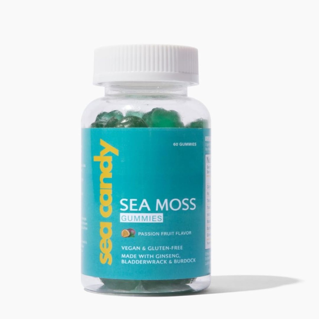 Irish Sea Moss Gummies - with Ginseng, Bladderwrack & Burdock - Beauty, Detox, Skin Health, Thyroid & Immune Support - Rich in Vitamins & Anotioxidants - Vegan - 60 Tasty Passionfruit Gummies