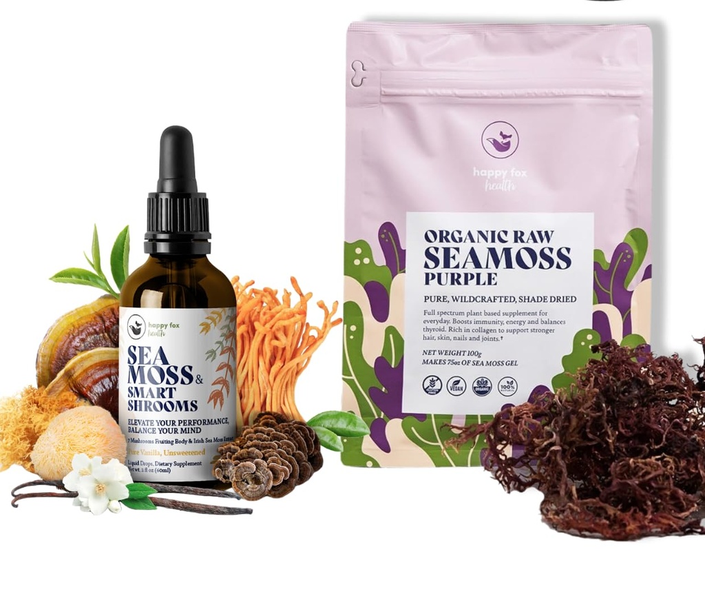HAPPY FOX Brain & Body Raw Purple Bundle – Organic Purple Sea Moss & Adaptogenic Mushroom Drops – Plant-Based Daily Support with Vanilla Flavor