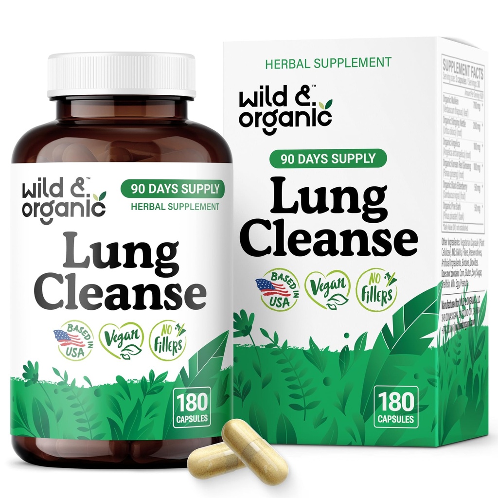 Wild & Organic Lung Cleanse Capsules - Lung Support Supplement with Mullein Leaf, Stinging Nettle, Angelica & Korean Panax Ginseng - Vegan, No Fillers, Non-GMO - 180 Count