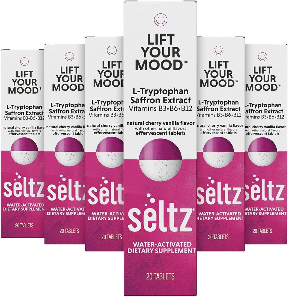 Seltz® Lift Your Mood – Effervescent Vitamins for Mood Support & Energy with L-Tryptophan, Saffron Extract & B Vitamins (B3, B6, B12) – Cherry Vanilla Flavor, No Sugar Added, 20 Tablets (Pack of 6)