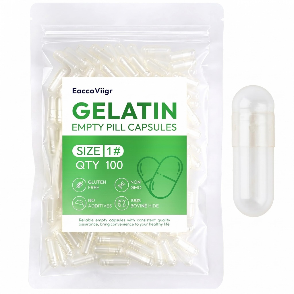 Size 1 Gelatin Empty Capsules - 100 Count Clear Empty Pill Capsules, Fillable Empty Gel Capsule for Homemade Vitamins & Powders, Easy for DIY Supplements