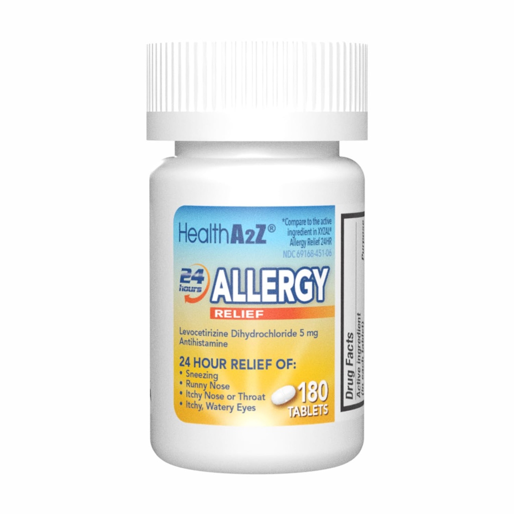 HealthA2Z® Allergy Relief | Levocetirizine Dihydrochloride 5mg | 24 Hours | Antihistamine | Relief from Sneezing, Runny Nose, Itchy Nose and Eyes (180 Counts)